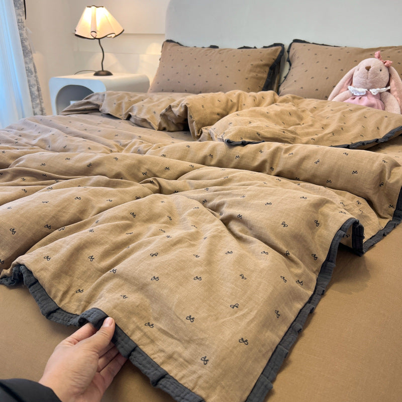 Class A French bedding four-piece set of cotton cotton double-layer gauze duvet cover bed sheets summer bed hat dormitory three-piece set 4