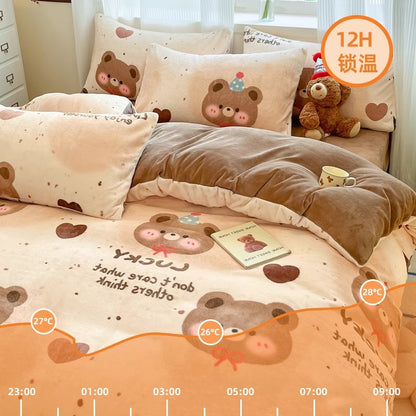Class A mother and baby thickened milk velvet four-piece set, coral velvet cover, velvet flannel bed sheet, bed hat three 4-piece set