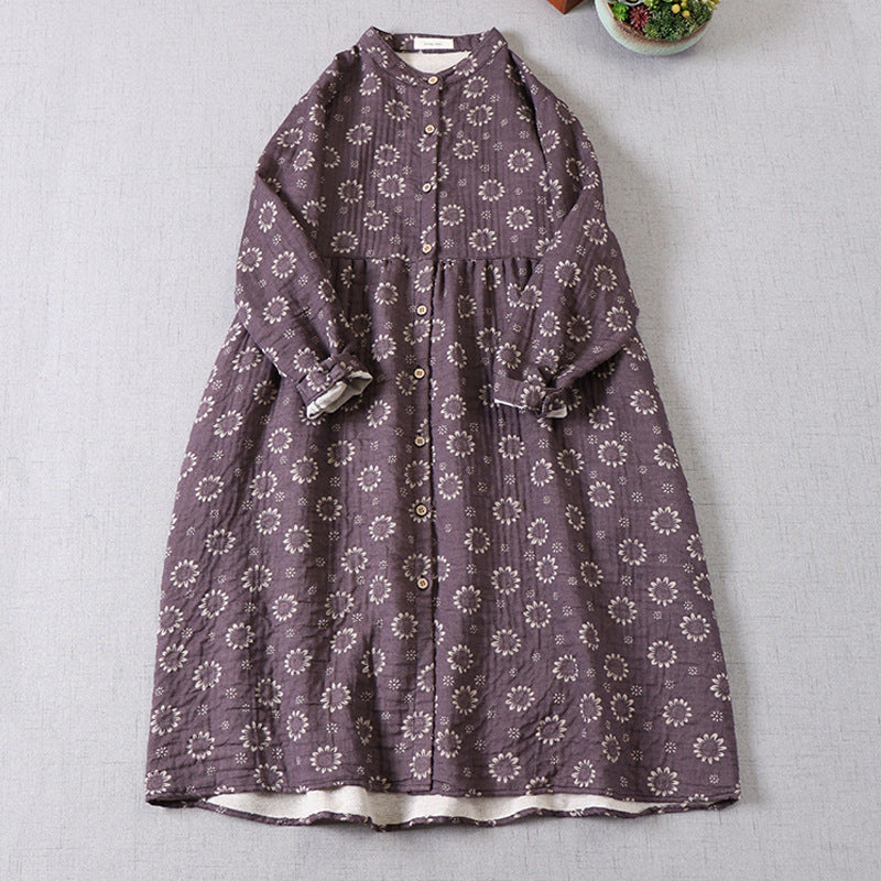 Japanese Mori Girl Art Floral Cotton Yarn Cotton Dress Loose Double Layer Cotton Long Sleeve Stand Collar Cardigan A-Line Skirt