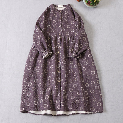Japanese Mori Girl Art Floral Cotton Yarn Cotton Dress Loose Double Layer Cotton Long Sleeve Stand Collar Cardigan A-Line Skirt