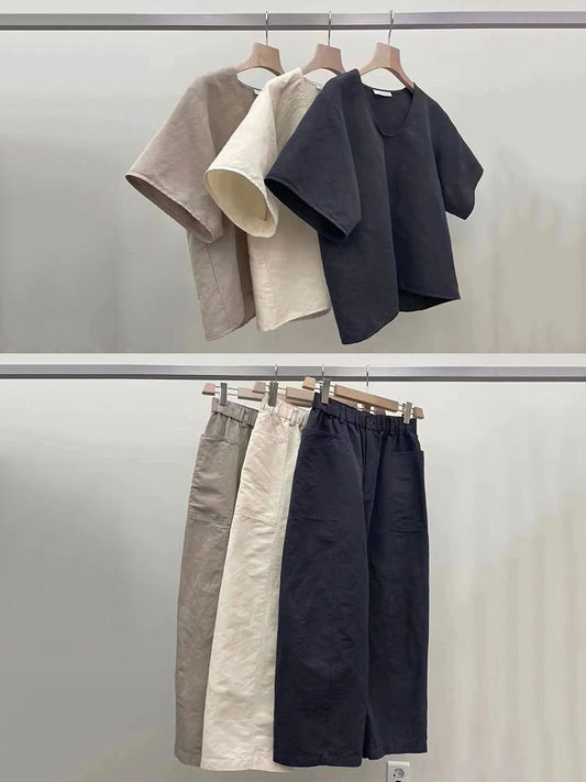 Summer New Lazy Style Japanese Style Simple Small Fashion Western Style Cotton Linen Suit Retro Women's Clothes