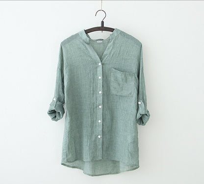 summer new sun protection clothing Japanese style small fresh loose cotton and linen three-quarter sleeves stand-up collar cotton and linen shirt women