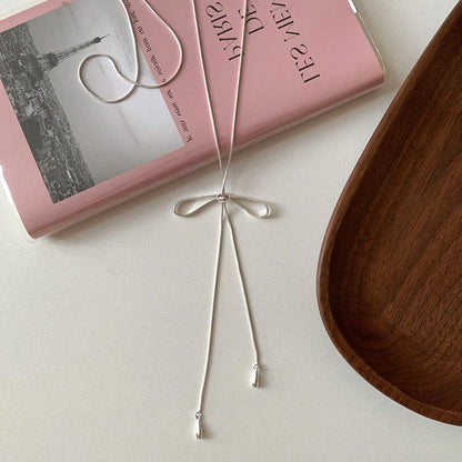 Simple bow pull-out long necklace women's korean niche ins personality fashion versatile necklace sweater chain