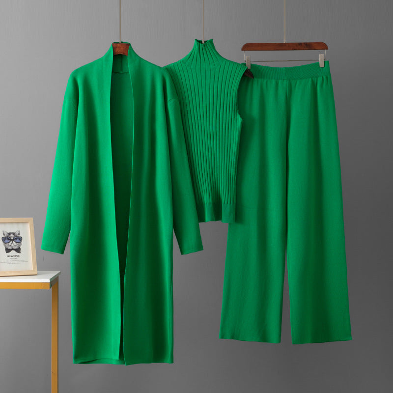 European and American foreign style solid color casual suit women's shawl jacket + V-neck base knit sweater + wide-leg trousers three-piece set