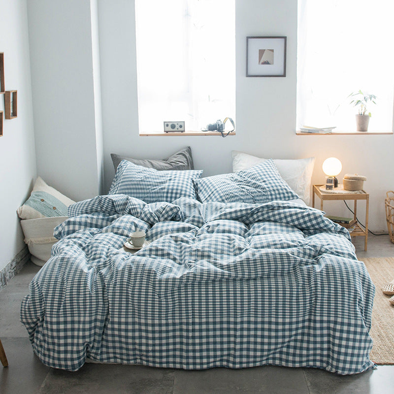Japanese-style all-cotton non-printed washed cotton four-piece wholesale stripe-dyed good product four-piece dormitory bedding
