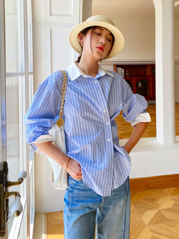 Spring new women's shirt women's long-sleeved blue and white striped French design color matching shirt women's commuting top