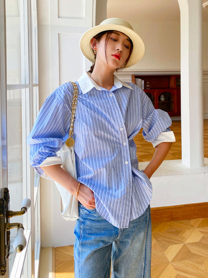 Spring new women's shirt women's long-sleeved blue and white striped French design color matching shirt women's commuting top