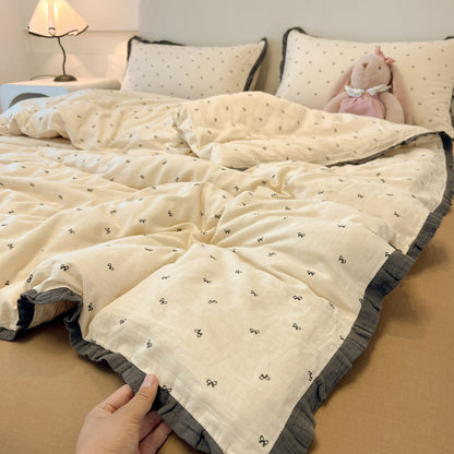 Class A French bedding four-piece set of cotton cotton double-layer gauze duvet cover bed sheets summer bed hat dormitory three-piece set 4