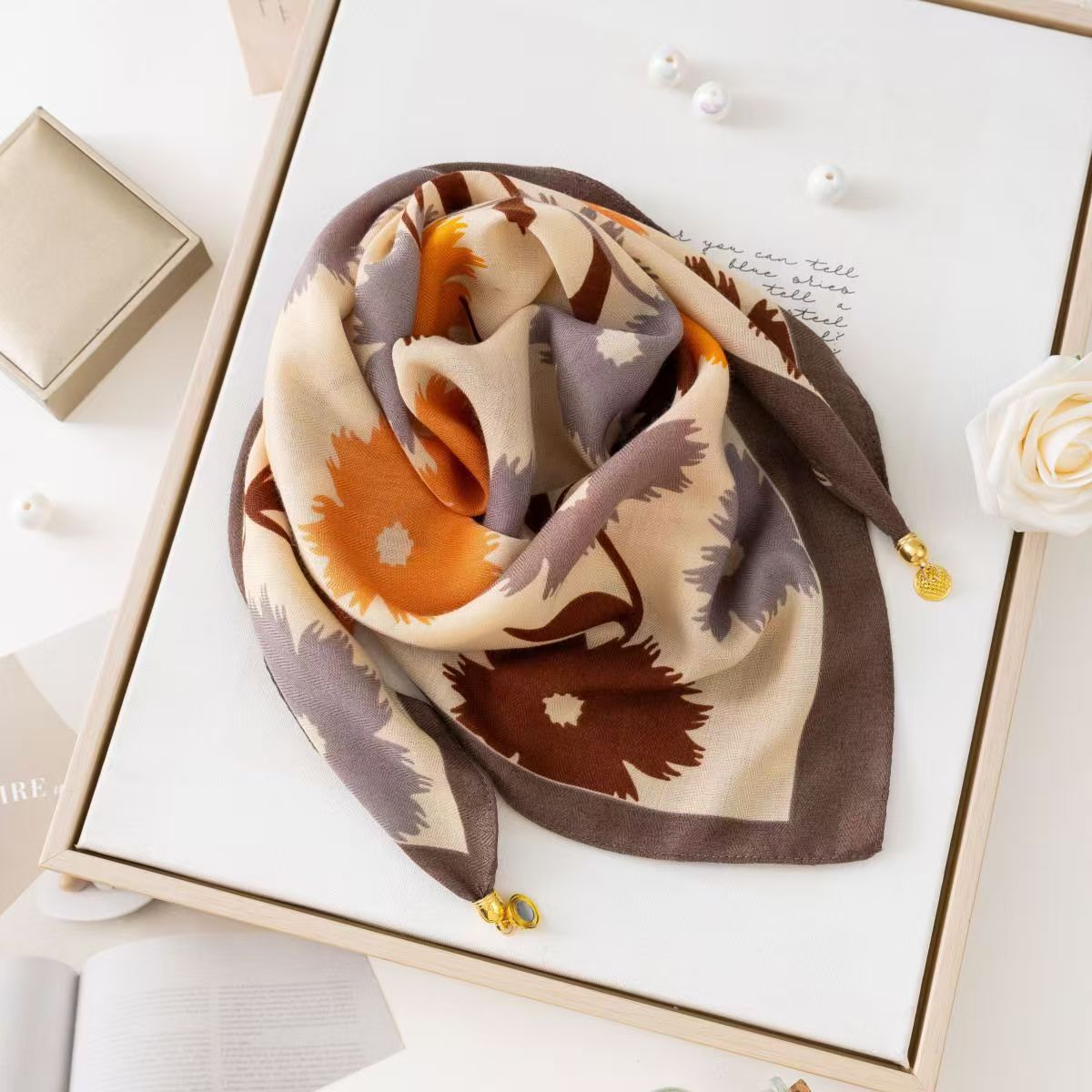 warm square scarf, magnetic buckle, triangle silk scarf, cotton scarf, women's spring, autumn and winter, style scarf, temperament and versatile