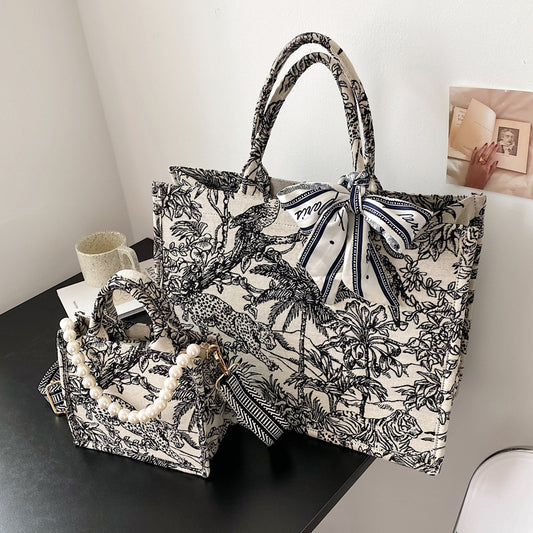 Japanese tote bag women's new niche embroidery cotton linen handbag large capacity commuting canvas shoulder bag