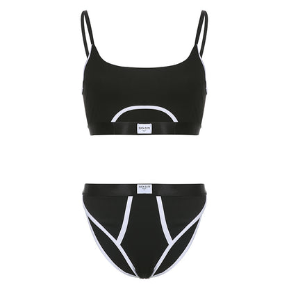 Contrasting Color Stitching Letter Cloth Label Personalized Split U-Neck Adjustable Shoulder Strap Briefs Bra Two-piece Set