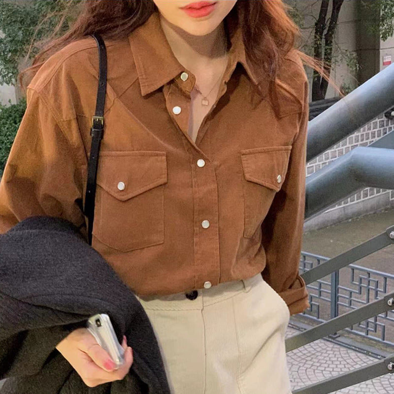 new Korean Dongdaemun retro simple niche all-match retro commuter solid color high-end shirt