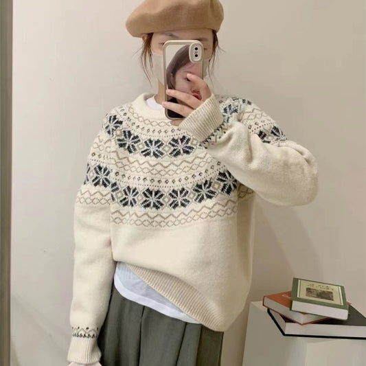 Retro jacquard soft waxy sweater women's  autumn and winter new Japanese style lazy style loose round neck pullover sweater thick