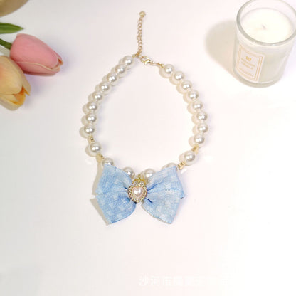 Pet cat devon kitten dog pearl necklace collar small fragrance breeze gemstone bow puppet accessories cross-border