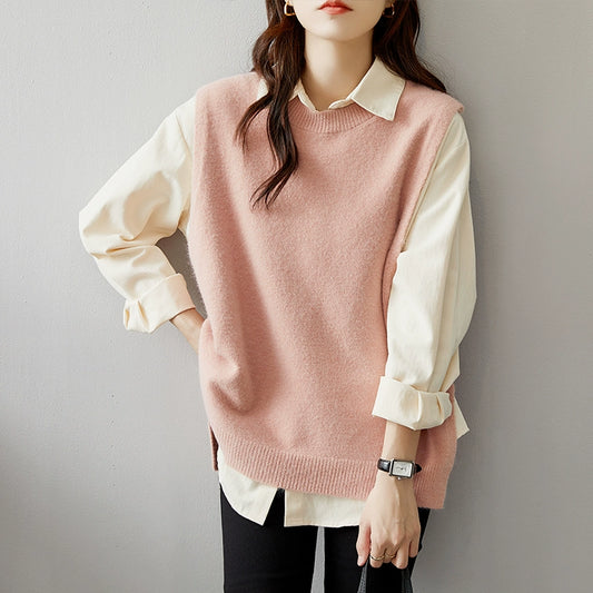 Japanese commuter shirt with vest two-piece set female spring and autumn pink sweater vest with shirt layered suit female