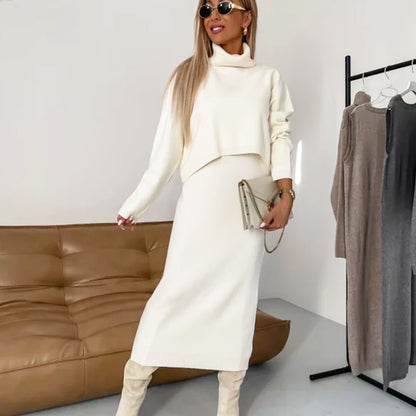 Fall/Winter Sweater Dress, High Neck Maxi Sweater Dress, Two Piece Solid Color Knit Dress