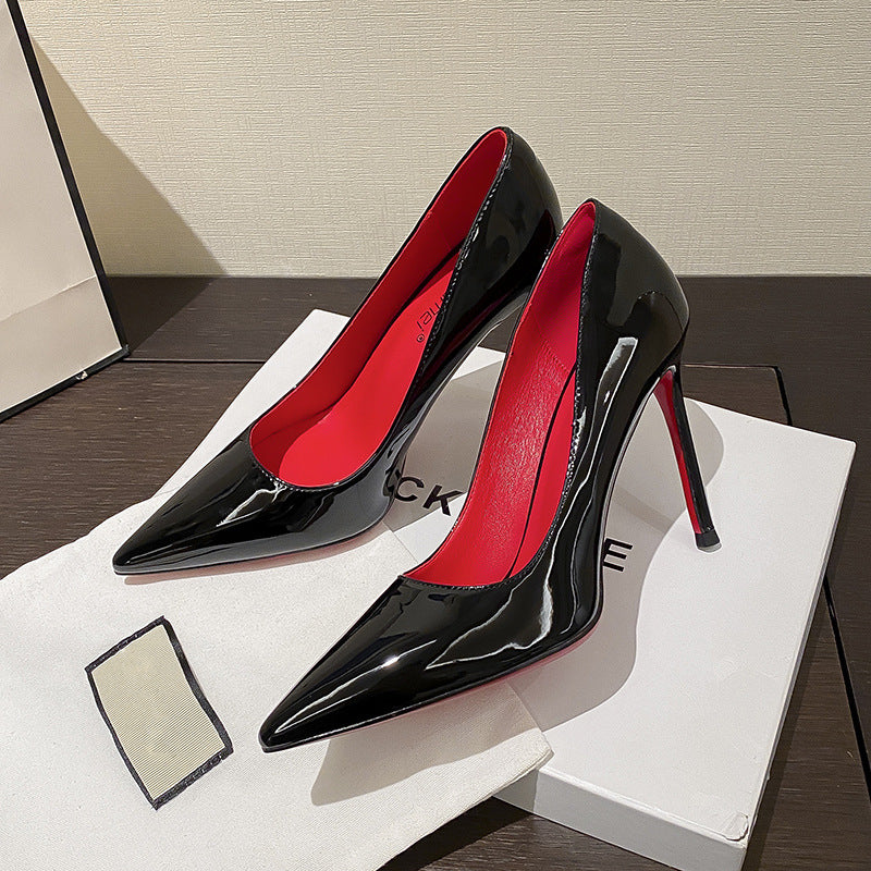 Red bottom high heels women's stiletto sexy black bed pointed toe high-heeled patent leather size French single shoes women