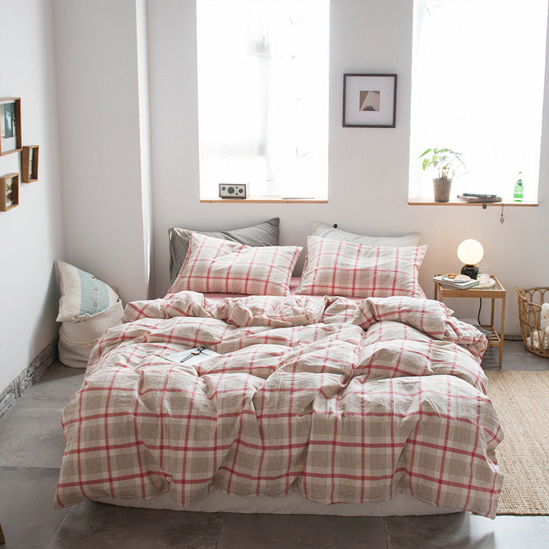 Japanese-style all-cotton non-printed washed cotton four-piece wholesale stripe-dyed good product four-piece dormitory bedding