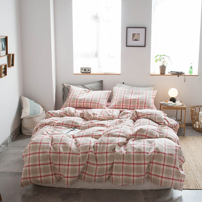 Japanese-style all-cotton non-printed washed cotton four-piece wholesale stripe-dyed good product four-piece dormitory bedding