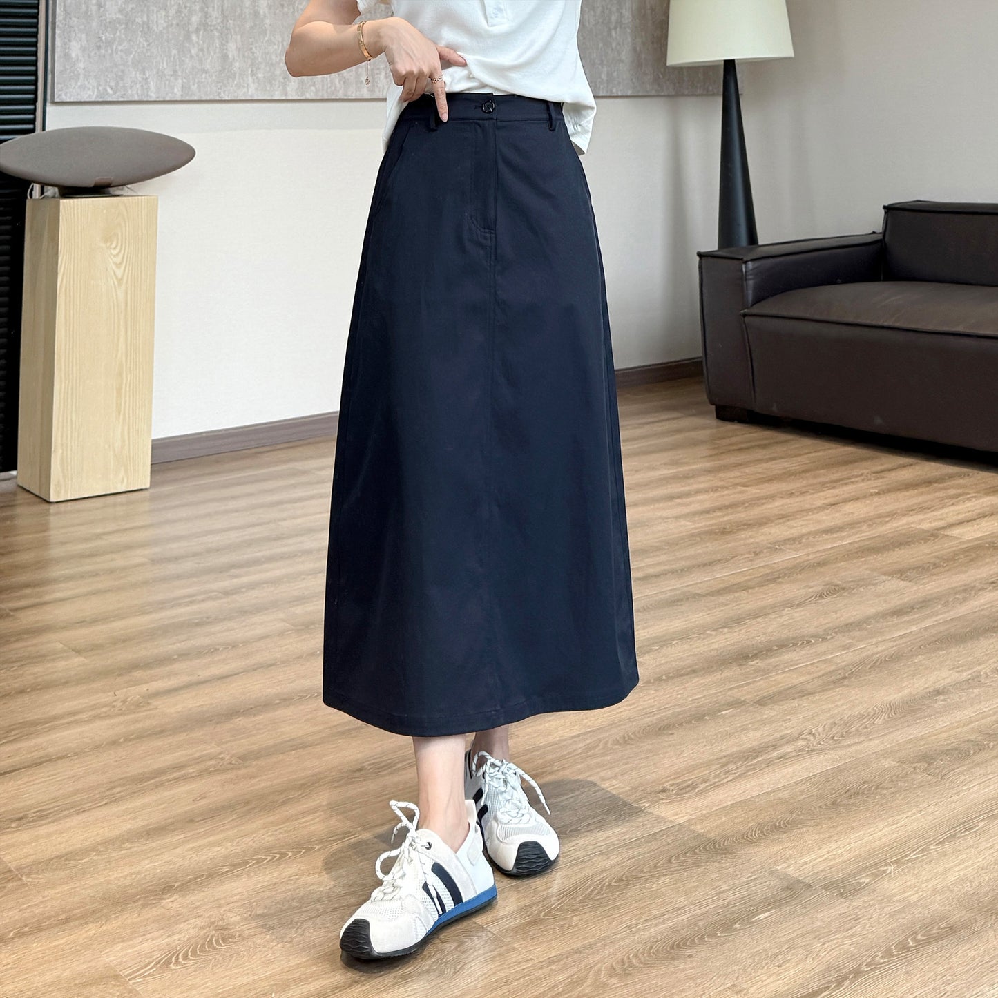 Spring is not too late [anti-wrinkle] lightweight super cotton single-button long skirt simple temperament A-line skirt covers the flesh and straight skirt