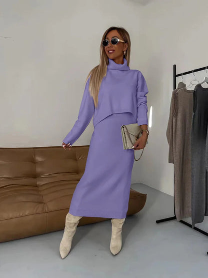 Fall/Winter Sweater Dress, High Neck Maxi Sweater Dress, Two Piece Solid Color Knit Dress