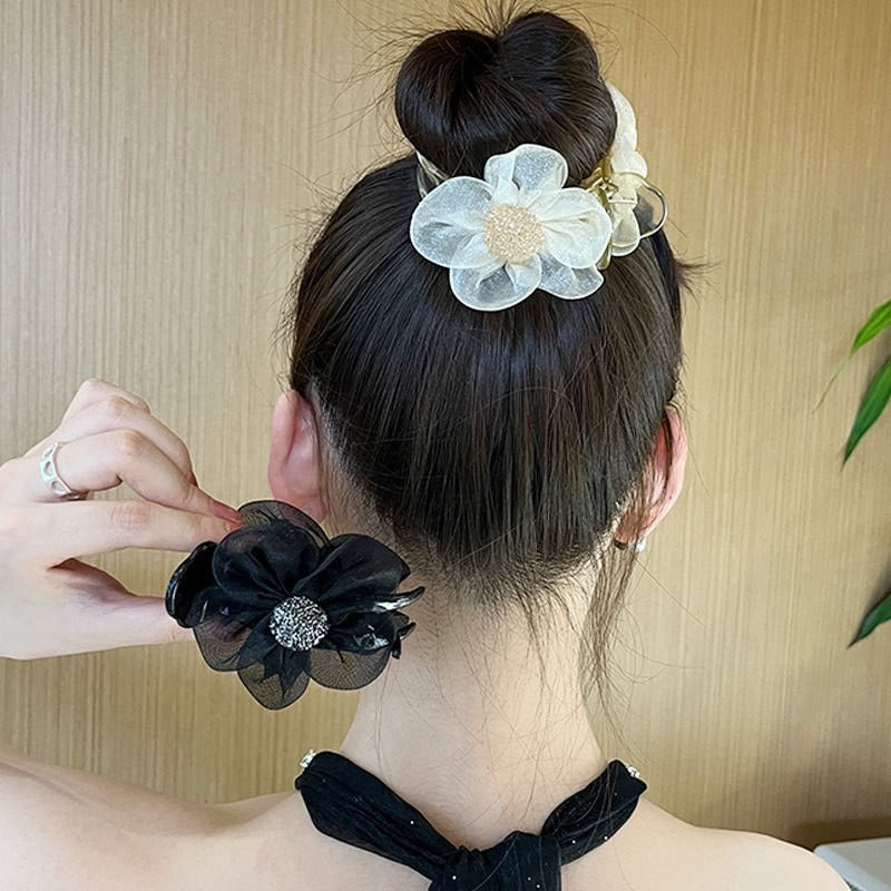Maruko hairclip women's summer simple temperament, flower mesh, the back of the head, grab the clip pan hairpin