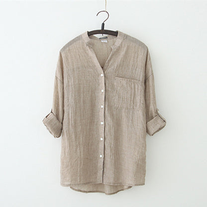 summer new sun protection clothing Japanese style small fresh loose cotton and linen three-quarter sleeve stand collar shirt female linen shirt