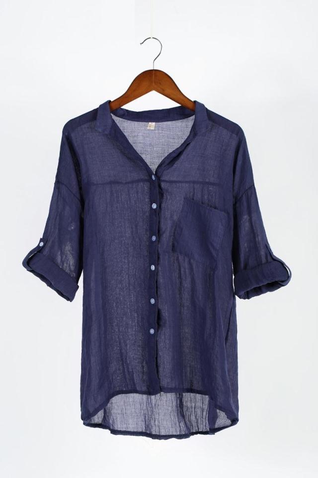 summer new sun protection clothing Japanese style small fresh loose cotton and linen three-quarter sleeve stand collar shirt female linen shirt