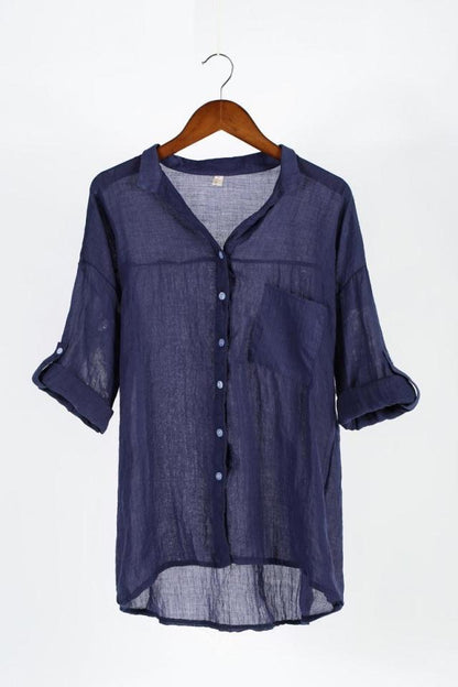 summer new sun protection clothing Japanese style small fresh loose cotton and linen three-quarter sleeve stand collar shirt female linen shirt