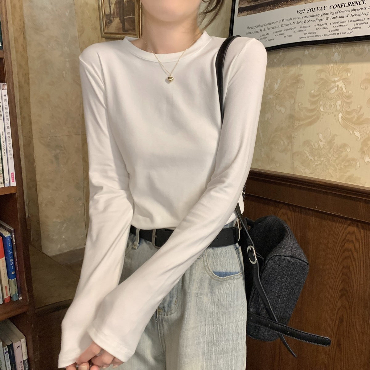 Pre-autumn thin cotton inner wear, slim body, straight shoulders, slimming, versatile crew neck, long sleeve base shirt, T-shirt top, women's winter