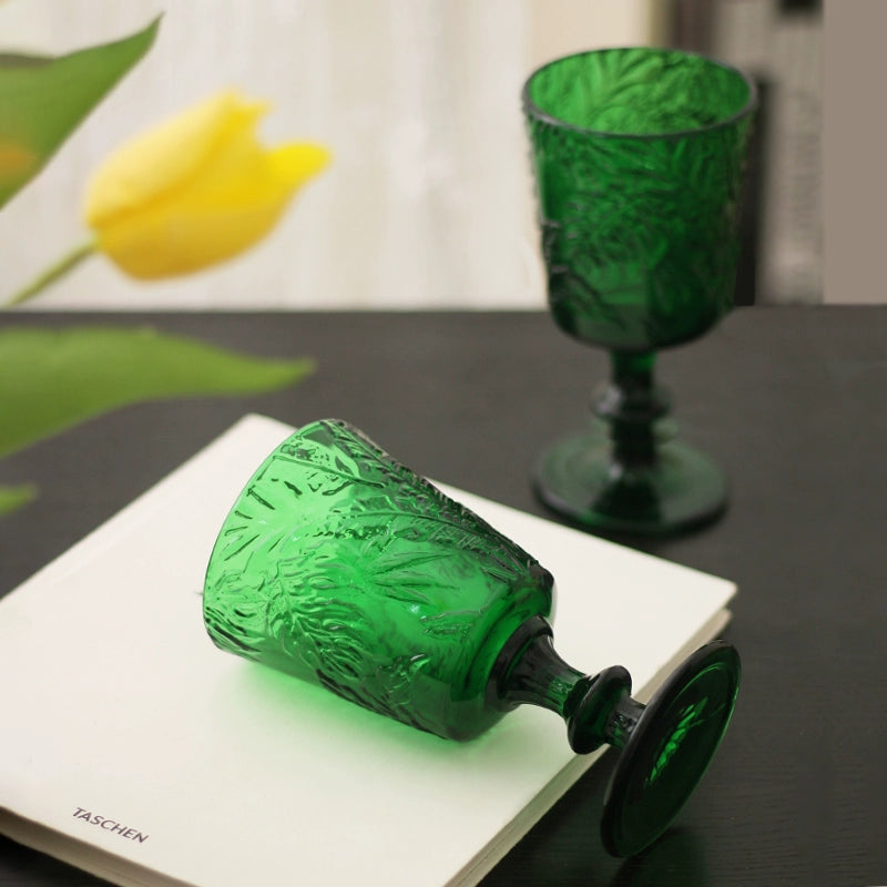 French embossed goblet green feather vine pattern champagne glass red wine foreign wine glass ins style retro green glass
