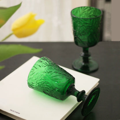 French embossed goblet green feather vine pattern champagne glass red wine foreign wine glass ins style retro green glass