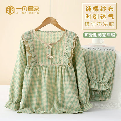 Spring pajamas women's long-sleeved cotton yarn double-layer gauze spring and autumn Japanese cute and sweet home clothes casual suit trousers