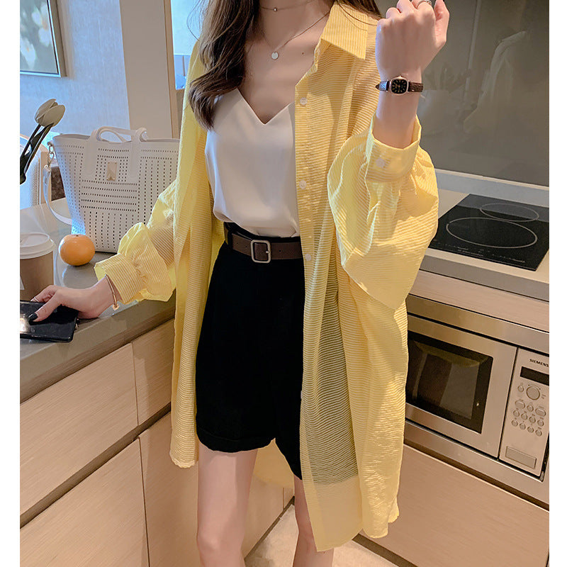 summer new Korean version of the commuter striped sun protection clothing mid-length cardigan loose all-match lapel shirt women
