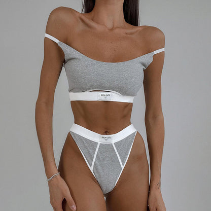Contrasting Color Stitching Letter Cloth Label Personalized Split U-Neck Adjustable Shoulder Strap Briefs Bra Two-piece Set