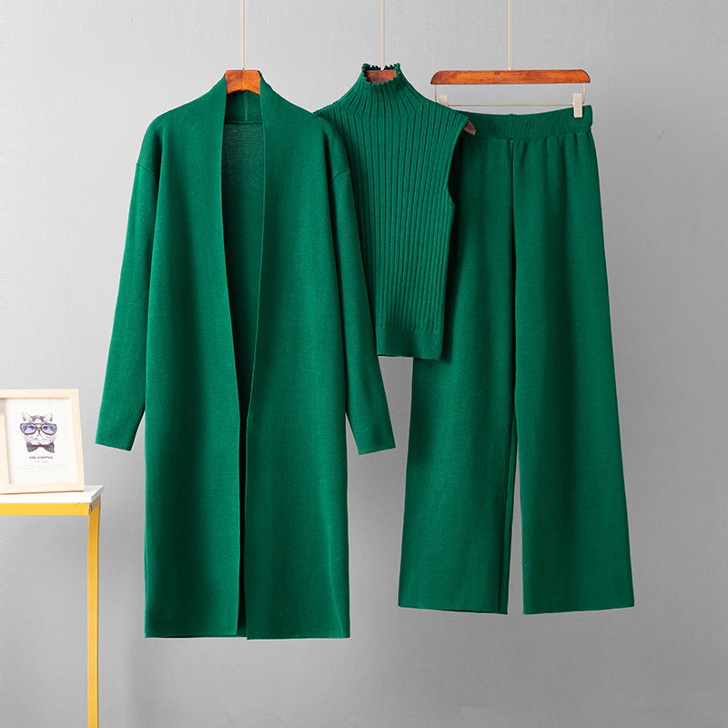 European and American foreign style solid color casual suit women's shawl jacket + V-neck base knit sweater + wide-leg trousers three-piece set