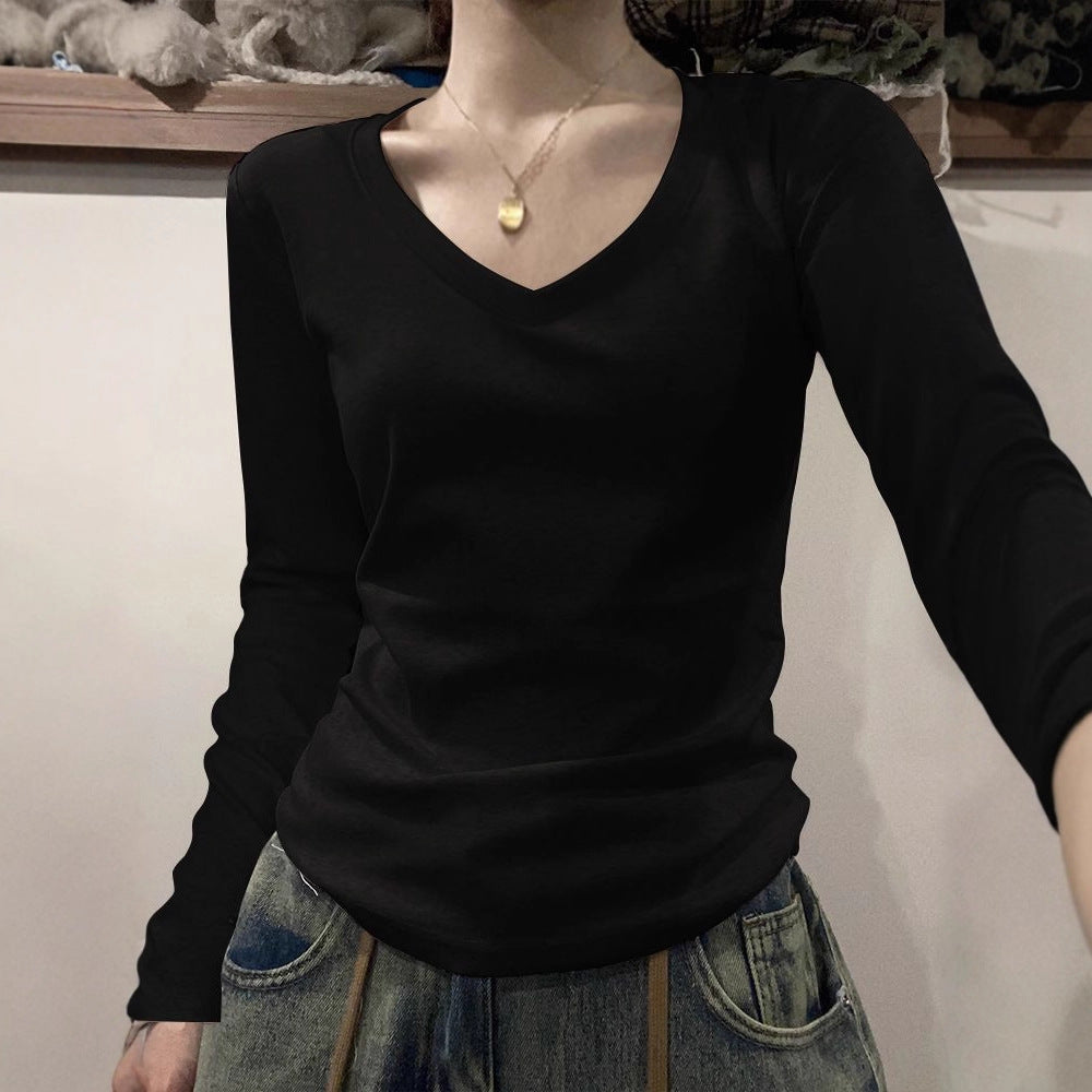 40 cotton shoulder long-sleeved T-shirts, new crew neck slim foundations, ins solid color hot girl base slimming top