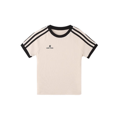 New striped straight shoulder short-sleeved T-shirt women's summer dress design sense hot girl slim slim white shirt crop top girl