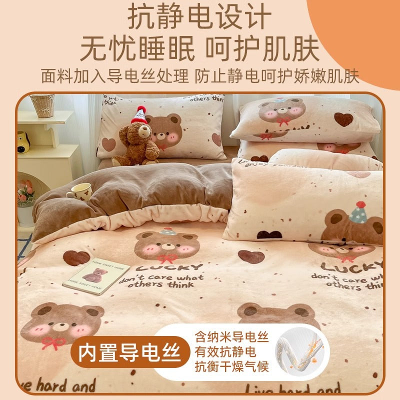 Class A mother and baby thickened milk velvet four-piece set, coral velvet cover, velvet flannel bed sheet, bed hat three 4-piece set