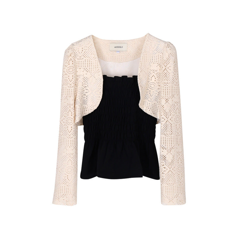 Aixili spring new lace long-sleeved shawl with small straps and ruffles two-piece suit female