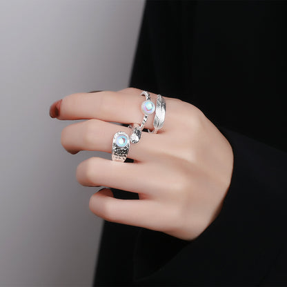 Double-layer opening feather irregular moonstone French ins cold wind minority original design female index finger ring