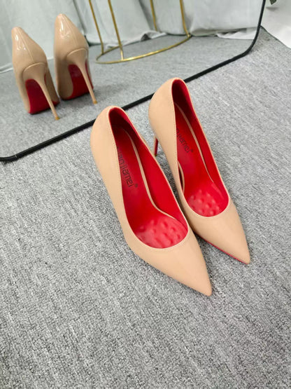 Red bottom high heels women's stiletto sexy black bed pointed toe high-heeled patent leather size French single shoes women