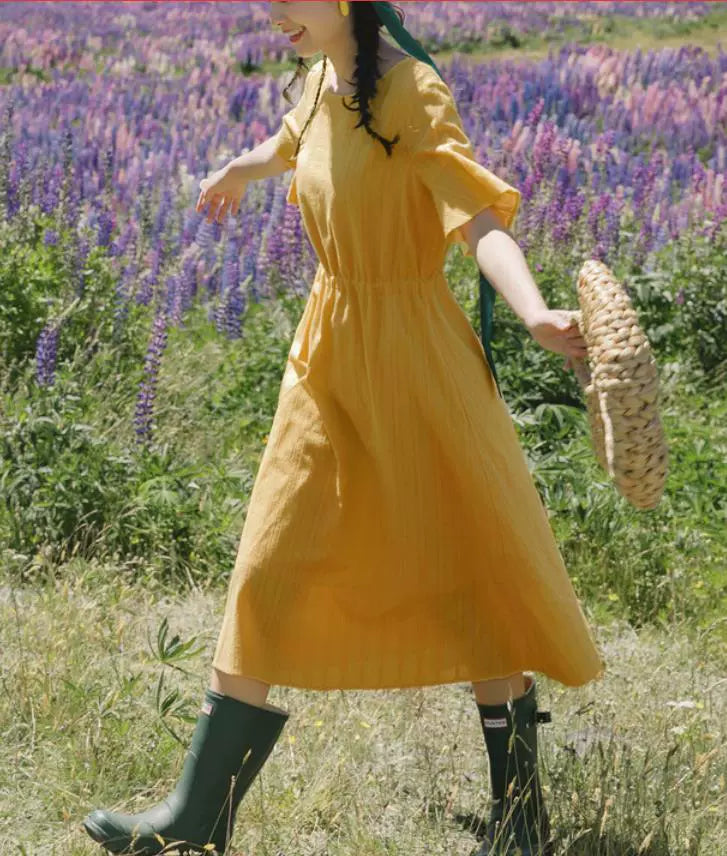 Yin M's material is super good summer pure cotton round neck trumpet sleeve waist A pendulum art female dress female cut label