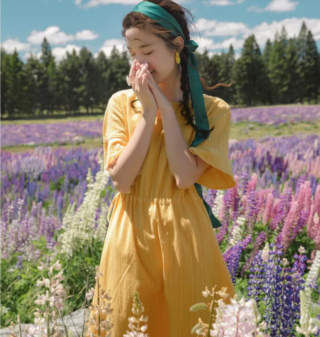Yin M's material is super good summer pure cotton round neck trumpet sleeve waist A pendulum art female dress female cut label