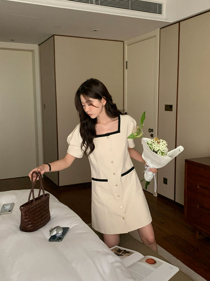 Black and white small fragrance retro square collar design slim waist cotton short dress