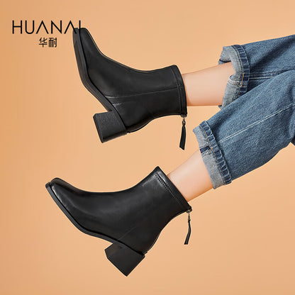 Huanai huanai fashion boots women's daily commuting all-match chunky heel short boots women's boots autumn and winter thin boots