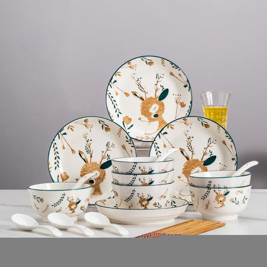 Haoya bowl and dish set Japanese household Jingdezhen ceramic tableware bowl dish noodle bowl soup bowl combination 22 heads a deer has you
