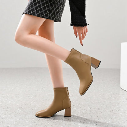 ZHR short boots women's warm and velvet fashion changeable temperament square toe commuter fashion boots women's trendy all-match high-heel retro modern women's boots convenient side zipper boots women CH11A apricot 37