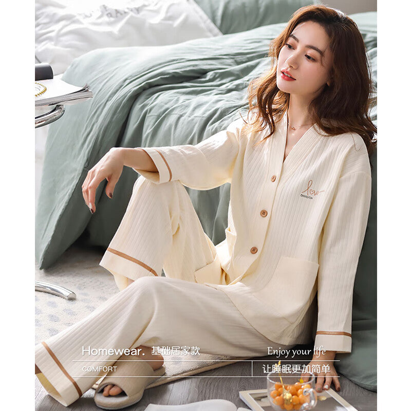 Nanjiren pajamas women's spring, autumn and winter solid color cotton ladies home service cardigan long-sleeved pajama pants trousers suit L